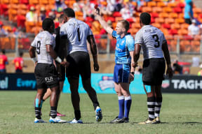 Sevuloni Mocenacagi is sent off during Fiji's Cup semi final defeat to New Zealand at the Sydney Sevens.