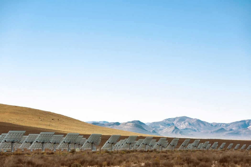 Rows of solar panels in landscape, rear view, Cape Town, Western Cape, South Africa
