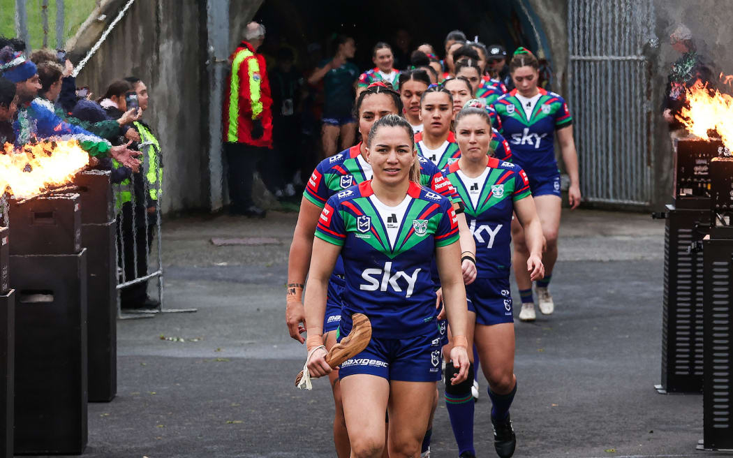 Apii Nicholls (captain) of the Warriors leads her team out, One New Zealand Warriors Women v Parramatta Eels Women.