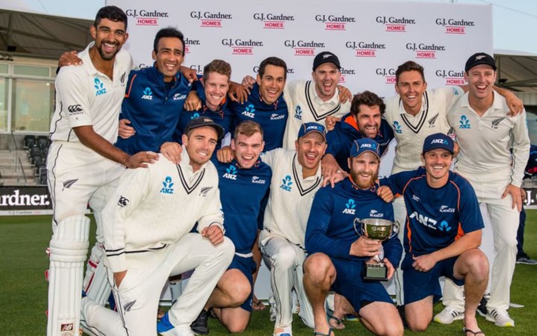New Zealand cricketers celebrate a series win over England 2018.