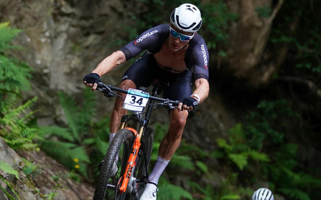 Sam Gaze competing at the mountain biking world championships in Glentress Forest, Peebles, Scotland.