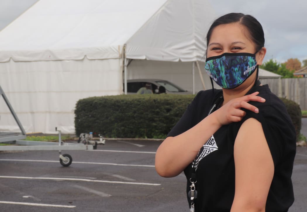 Raiha Tahuri gets her vaccination at Te Taiwhenua o Heretaunga in Hastings