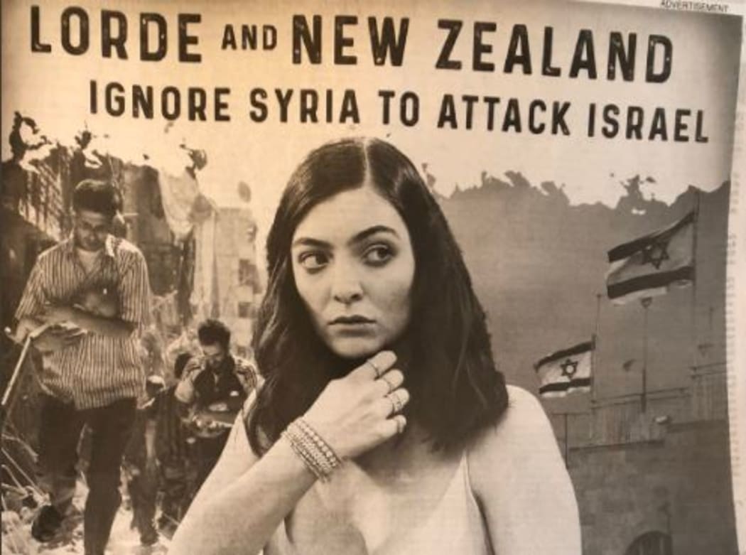 A full-page ad taken out in the Washington Post by a pro-Israel group calling singer Lorde a 'bigot'.