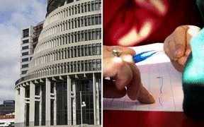 The Beehive, left, and a teacher helping a primary school student in a file photo to illustrate education policy.