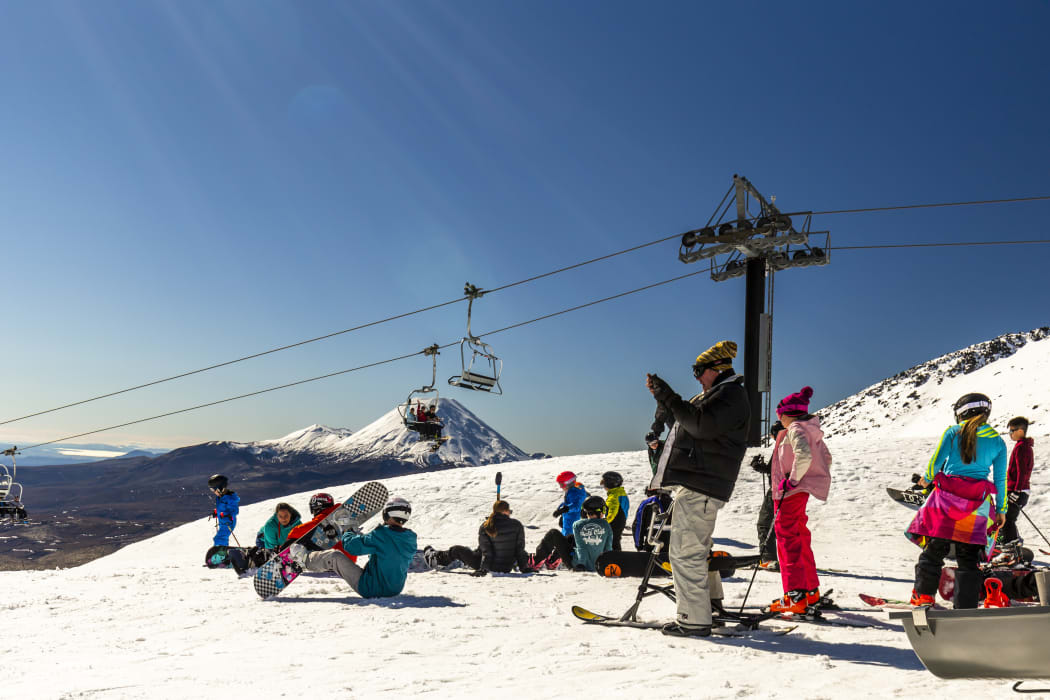 Skiiers on the Rockgarden at Whakapapa Ski Field, Mt Ruapehu in 2018.