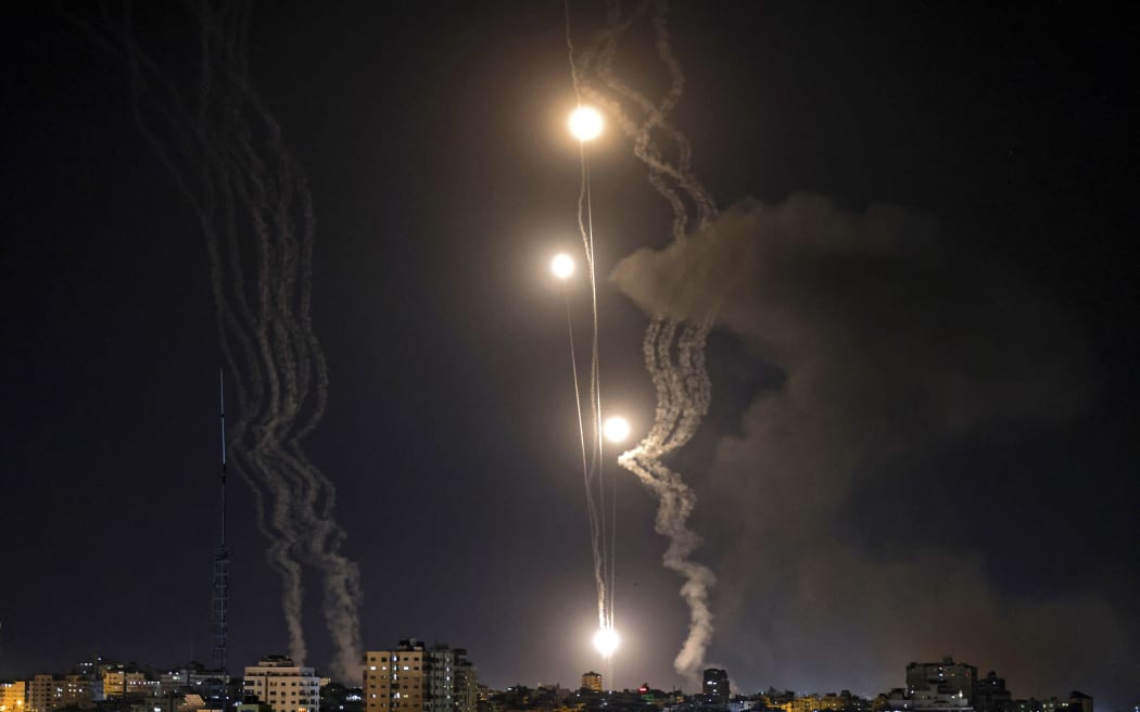 Rockets are launched towards Israel from Gaza City, controlled by the Palestinian Hamas movement, on 11 May 2021.
