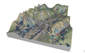 Landslide runout forecasts over an image and LiDAR model of the land. ESNZ.