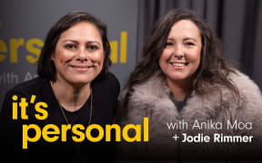 Jodie Rimmer joins Anika Moa in studio for season two of It's Personal. The words "It's Personal" appear in yellow and bold, with the words "with Anika Moa + Jodie Rimmer" in white.