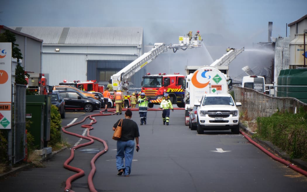 Fire trucks at the site of a blaze in Wiri that closed a main road in the Auckland suburb.