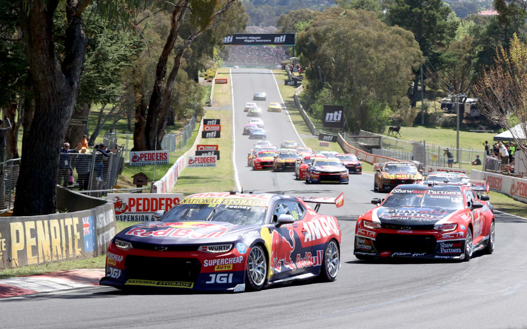 Race start with Broc Feeney & Jamie Whincup (Red Bull Ampol Triple 8 Camaro) leading the filed. 2023 Supercars Bathurst 1000.