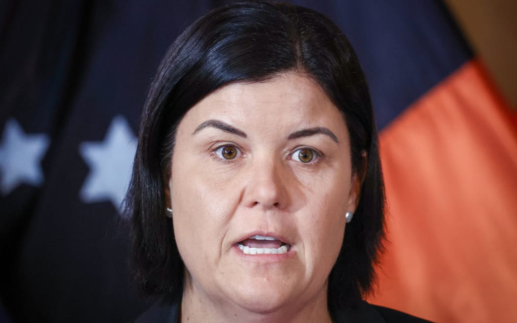 Natasha Fyles, Chief Minister of the Northern Territory, speaks during a press conference in Darwin on August 28, 2023, regarding investigations into an Osprey aircraft crashing on Melville Island on 27 August which killed three US Marines.