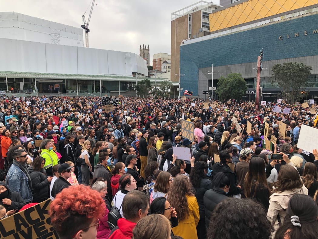 Thousands of people are gathered in Aotea Square.