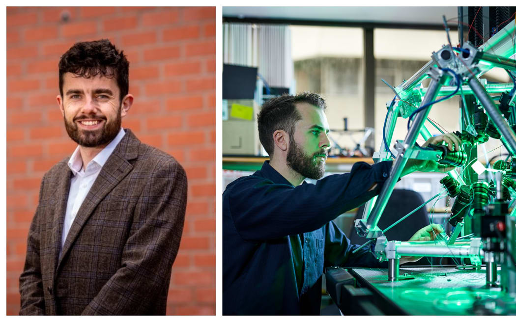 Two photos - one of a bearded man in a  brown jacket, the other of a different bearded man with technical gear in a laboratory