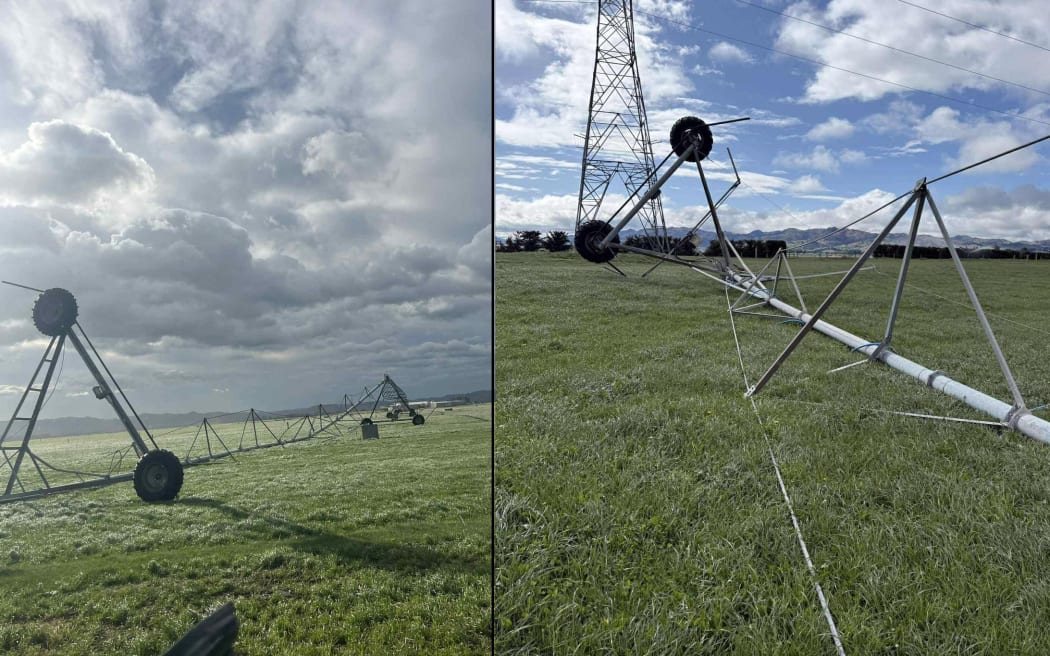 Wind-damaged pivot irrigators in North Canterbury.
