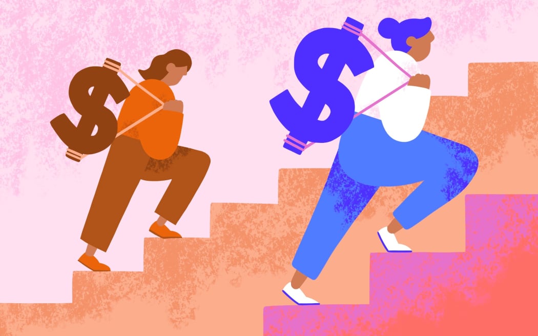Women of different era climb stairs holding large dollar signs