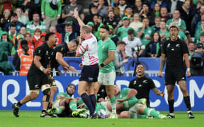 New Zealand celebrate the victory during the Rugby World Cup France 2023 Quarter Final match between Ireland and New Zealand at Stade de France