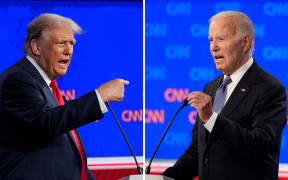 This combination of photos shows Republican presidential candidate former President Donald Trump, left, and President Joe Biden during a presidential debate hosted by CNN, Thursday, June 27, 2024, in Atlanta. (AP Photo/Gerald Herbert)