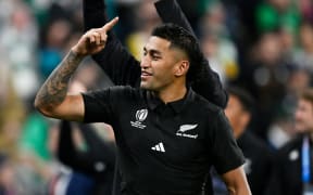 Rieko Ioane thanks fans after winning the Quarter Final match Ireland v New Zealand All Blacks at the Rugby World Cup France 2023. Stade de France, Saint-Denis, France on Saturday 14 October 2023. Photo credit: Andrew Cornaga / www.photosport.nz
