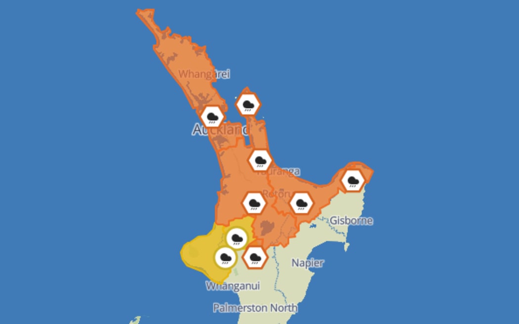Heavy rain warnings in the North Island as of 6am Wednesday.