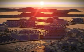 Artist's impression of "Artisanopolis" one of the winning architectural concept designs in a Seasteading Institute design competition for a floating city.