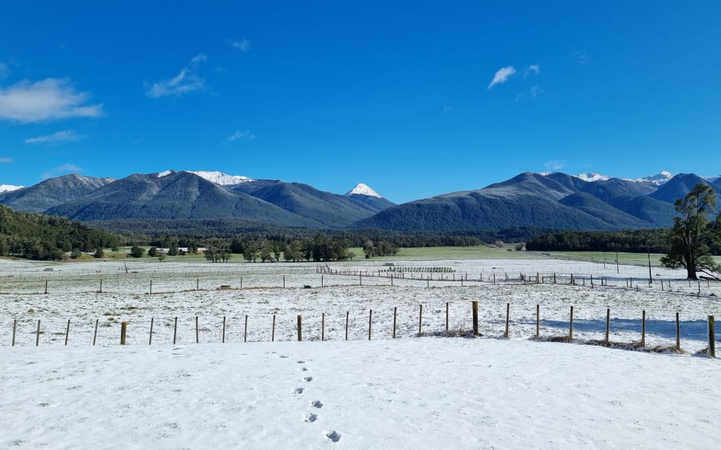Snow at Lewis Pass, viewed from Lewis Pass Motels, 9 August 2021.