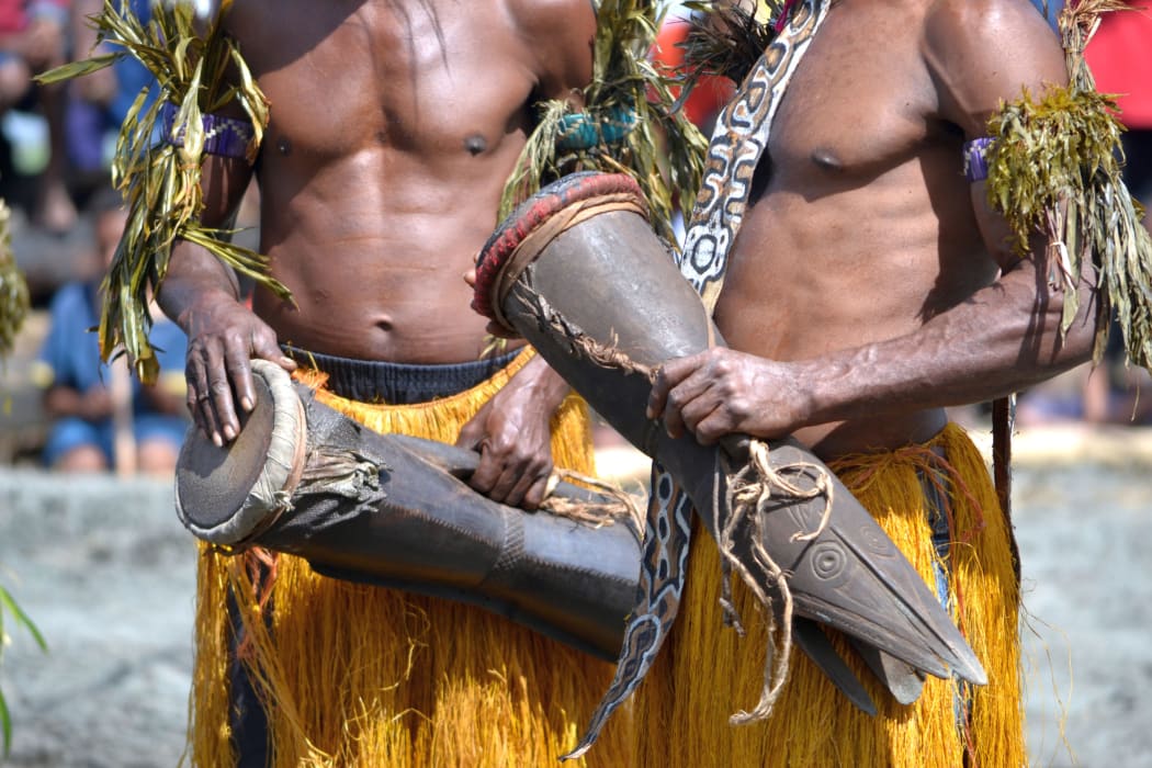 Traditional tribal dance at mask festival.7th Gulf Mask Festival, Toare Village, Gulf Province, Papua New Guinea on June 19, 2011