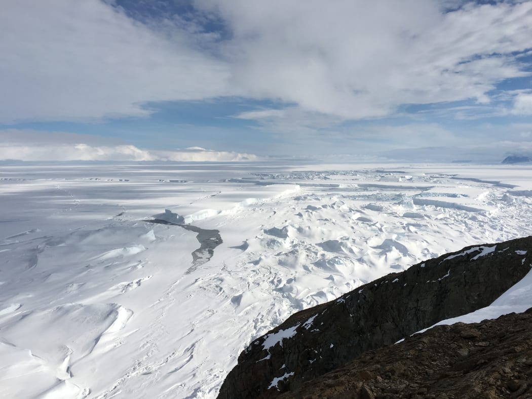 Scar Inlet: The sheared area of the northeast side of Scar Inlet Ice Shelf - the largest remnant of the
Larsen B Ice Shelf which disintegrated in 2002. Looking south from Cape Disappointment.