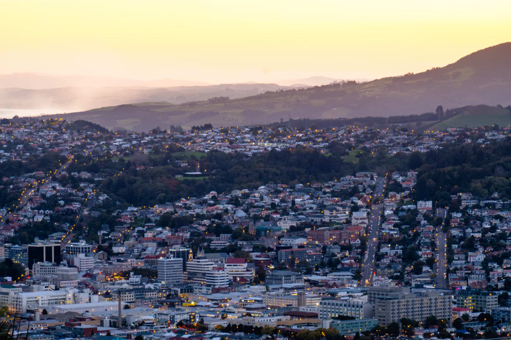 Beautiful cityscape after sunset. Nightlight. Dunedin, New Zealand.