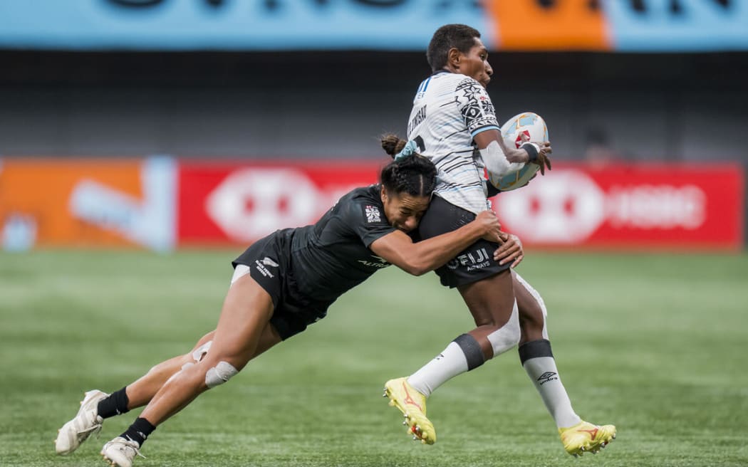 Risi Pouri-Lane makes a tackle during the Black Ferns Sevens v Fiji Cup Final.