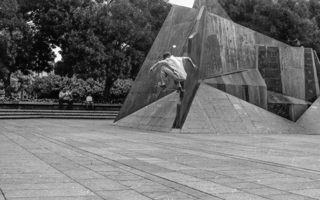 Levi Hawken skating Aotea Square in the 1990s.