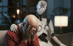 AI robot sitting next to a lonely senior man and comforting him, human-robot relationship concept