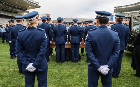 Police colleagues farewell Constable Matthew Hunt at the funeral at Mt Eden Stadium on 9 July, 2020.