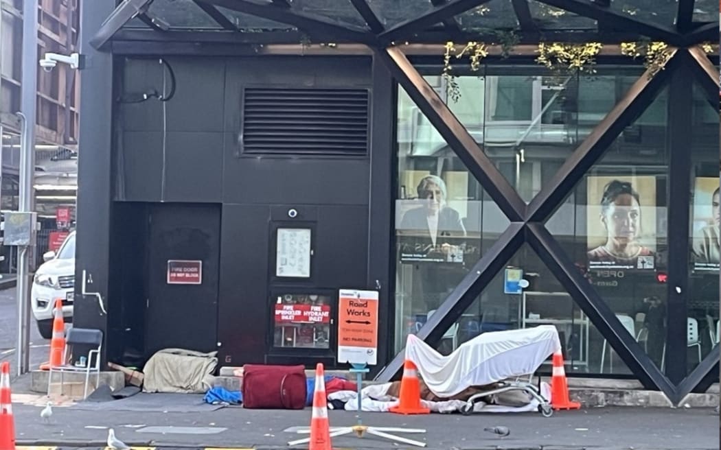 Homeless shelters outside the City Mission on Hobson Street in Auckland.