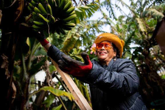 Haitelenisia Manu in her garden on Pilkington Road in Tamaki