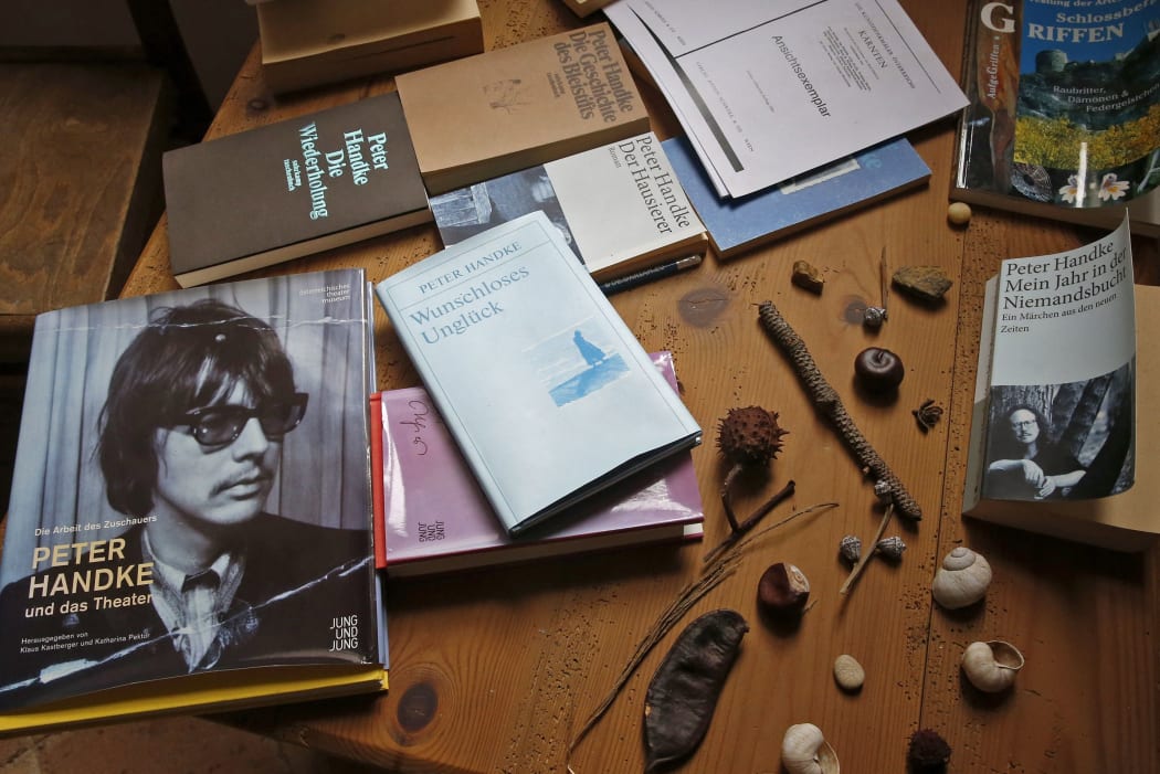 This picture shows books and objects of the permanent exhibition about the Austrian novelist and playwright Peter Handke in the museum in Griffen, Austria, on October 10, 2019.