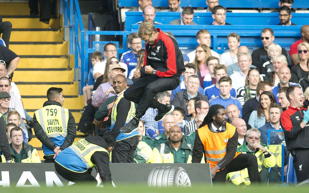 Liverpool manager Jurgen Klopp celebrates after Christian Benteke's goal during the English Premier League match between Chelsea and Liverpool on October 31, 2015 at Stamford Bridge Stadium in London. Photo Ian Tuttle / Backpage Images / DPPI
