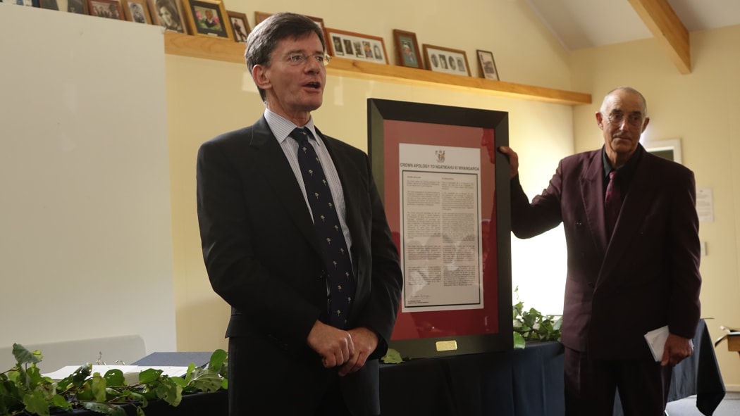 Treaty Negotiations Minister Chris Finlayson and Pita Pangari with Ngati Kahu ki Whangaroa's treaty agreement with the Crown