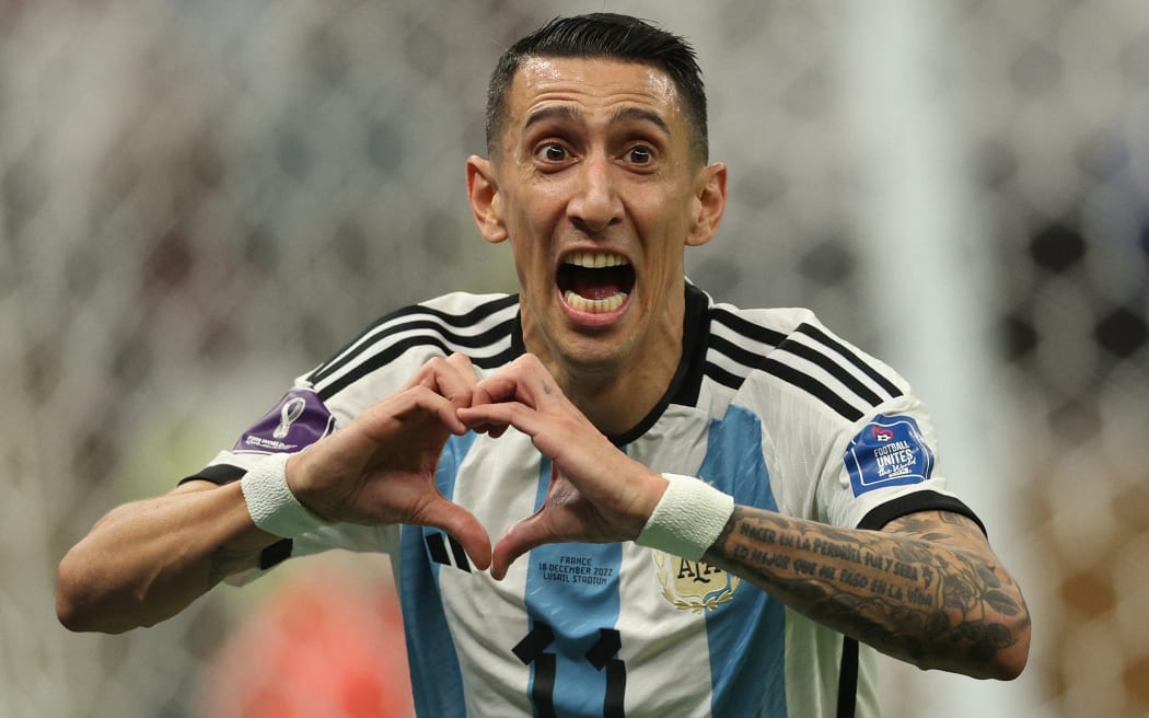 Argentina's midfielder Angel Di Maria celebrates scoring his team's second goal during the Qatar 2022 World Cup final football match between Argentina and France at Lusail Stadium in Lusail, north of Doha on 18 December, 2022.