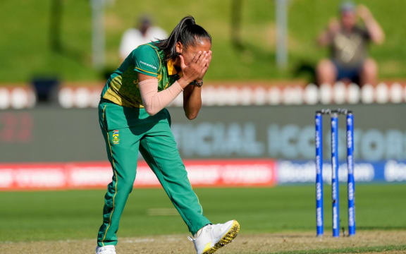 South Africas Shabnim Ismail reacts to a missed catch.