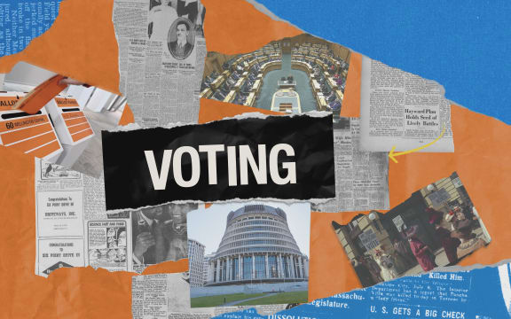 A title of Voting and images of New Zealand parliament and news articles.