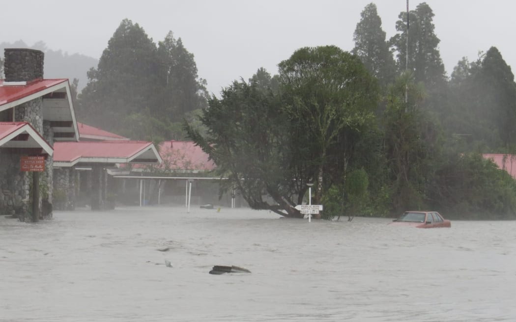 The flooded Scenic Circle Mueller Wing on 23 March, 2016, after the nearby Waiho River broke through a stop bank and flooded the hotel complex.