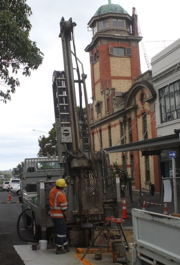 The groundwater test drill on Beresford Street above the proposed Karangahape Road station.