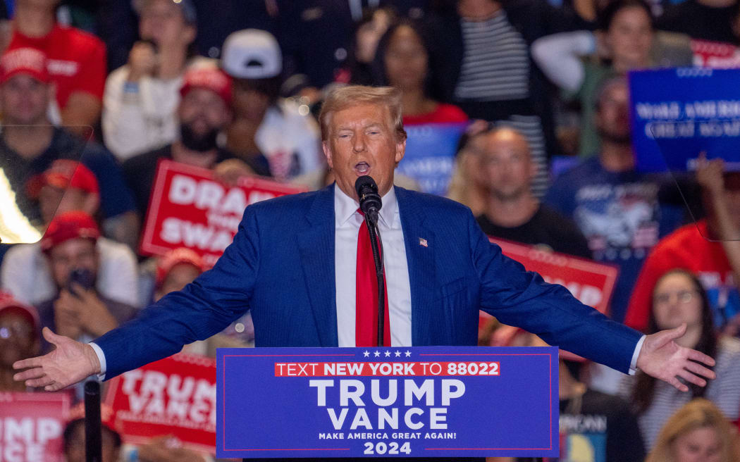 Former US President and Republican presidential candidate Donald Trump speaks at a campaign rally in Uniondale, New York, on September 18, 2024.