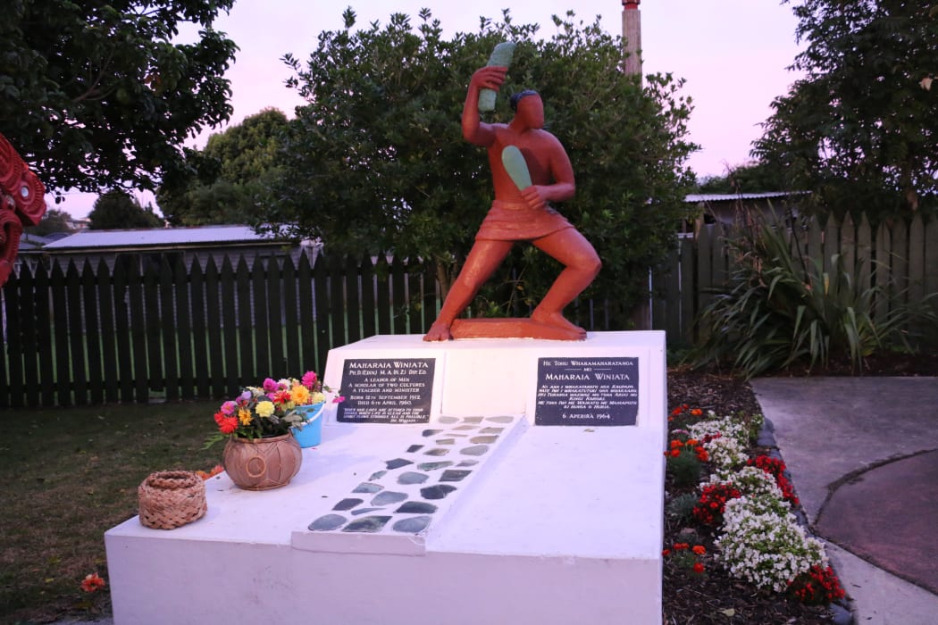 The Arnold Wilson sculpture that sits atop Maharaia Winiata's grave at Huria Marae.