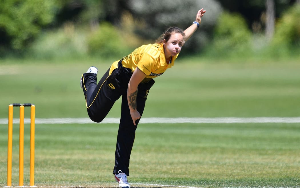 Wellington's Deanna Doughty bowls during the Hallyburton Johnstone Shield cricket match against Central.