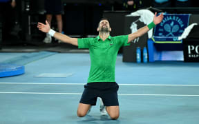 Novak Djokovic celebrates his Australian Open semi-final win over Jannik Sinner.