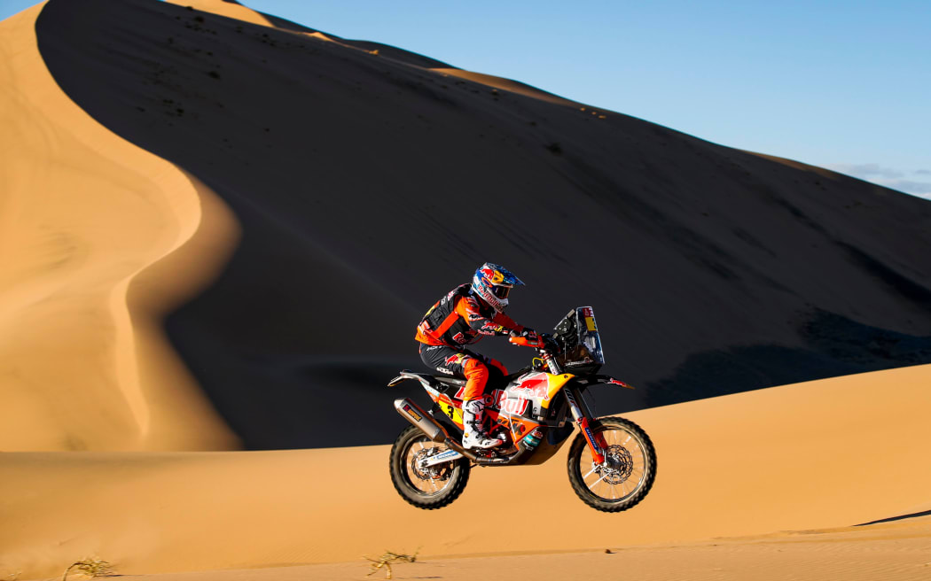 Sam Sunderland riding for the Red Bull KTM Factory Team in the 2020 Dakar Rally. He is a two time winner of the event.