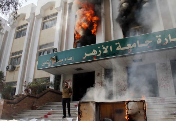 A burning building at Al-Azhar University in Cairo.