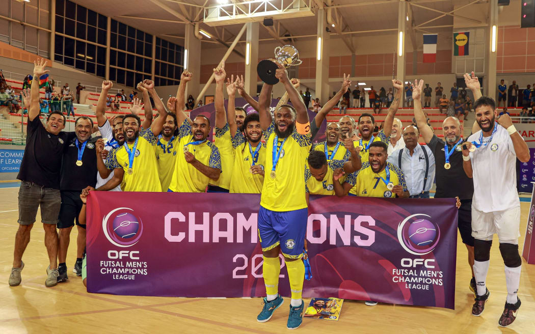 New Caledonia's AS PTT celebrates winning the OFC Futsal Men's Champions League 2024 final in Noumea, New Caledonia, Sunday 28 April 2024. Photo: Shane Wenzlick / www.phototek.nz
