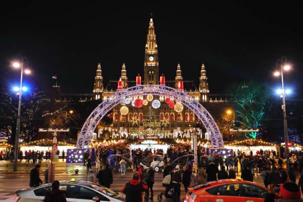 Wiener Christkindlmarkt at Town Hall Square in Vienna, Austria.